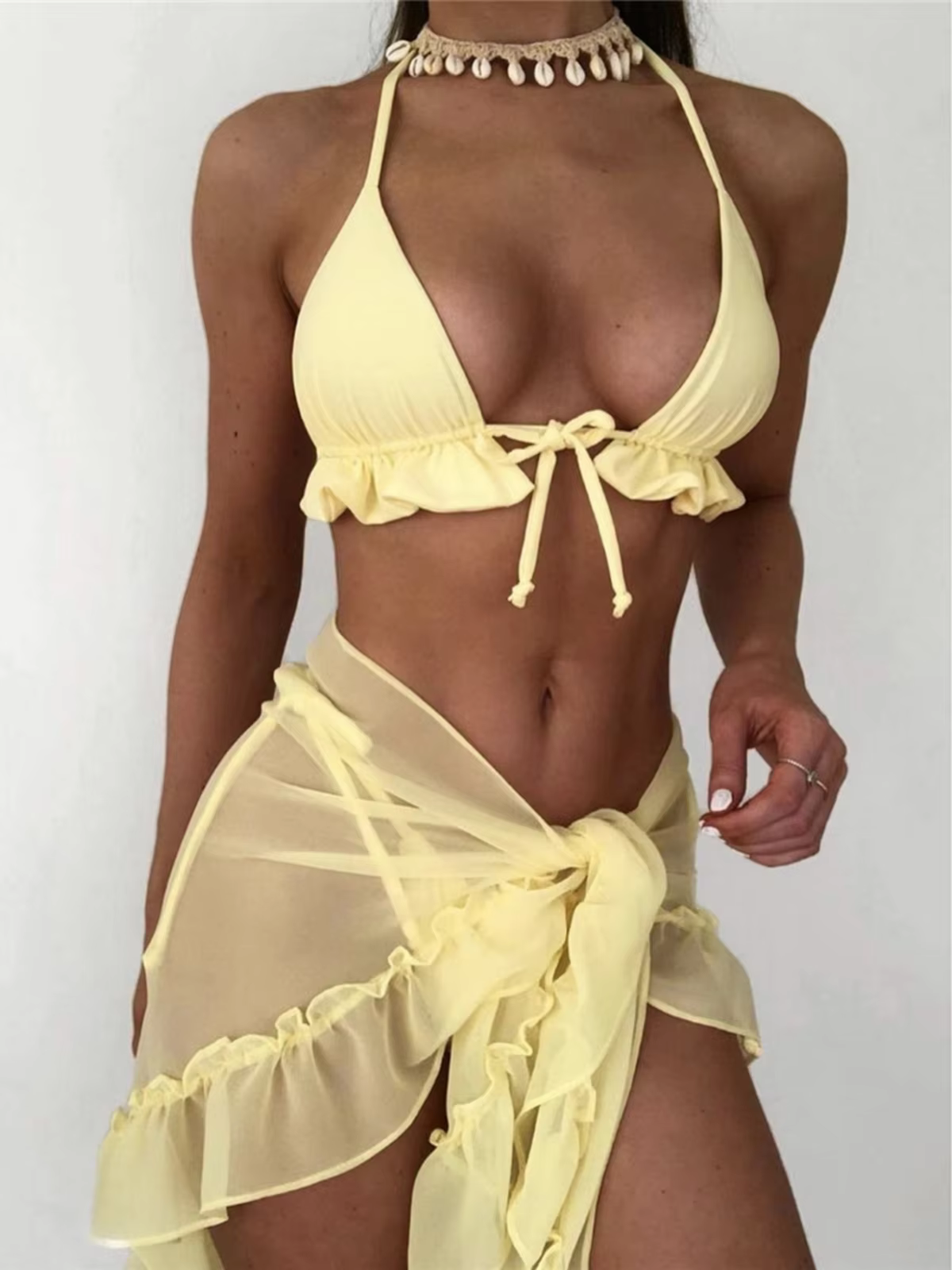 Halter Ruffled 3-Piece Bikini Set with Matching Sarong - thumbnail 6