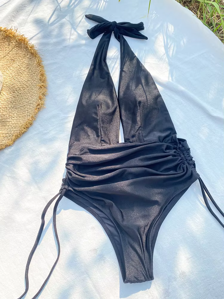 Women's Solid Deep V High Cut Backless One Piece Swimsuit - thumbnail 2