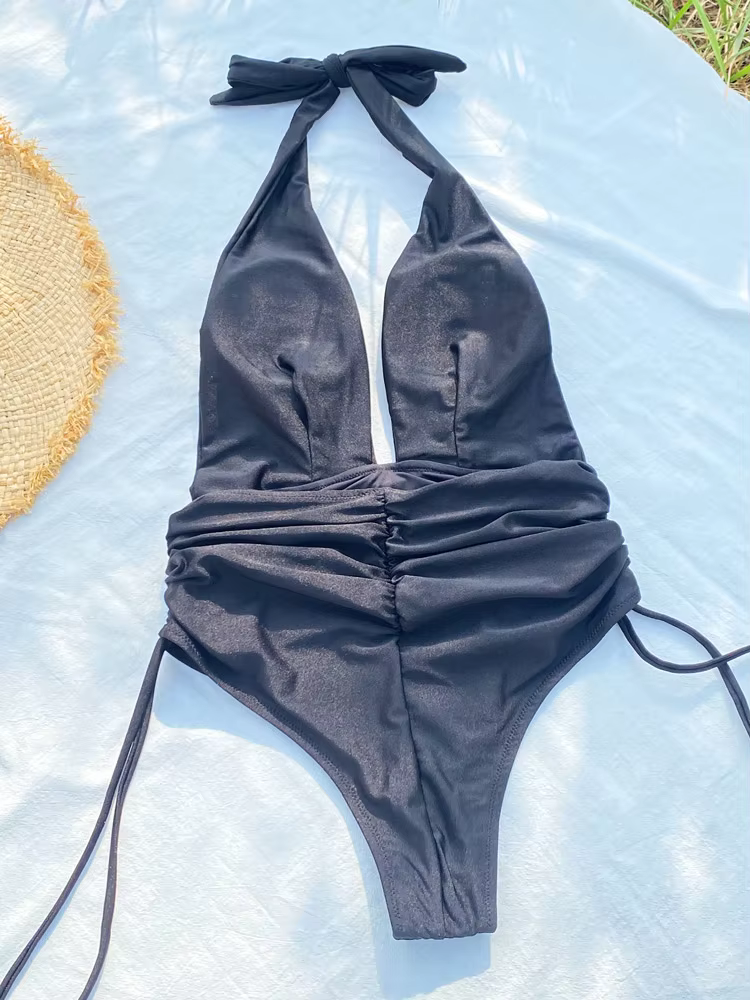 Women's Solid Deep V High Cut Backless One Piece Swimsuit - thumbnail 3