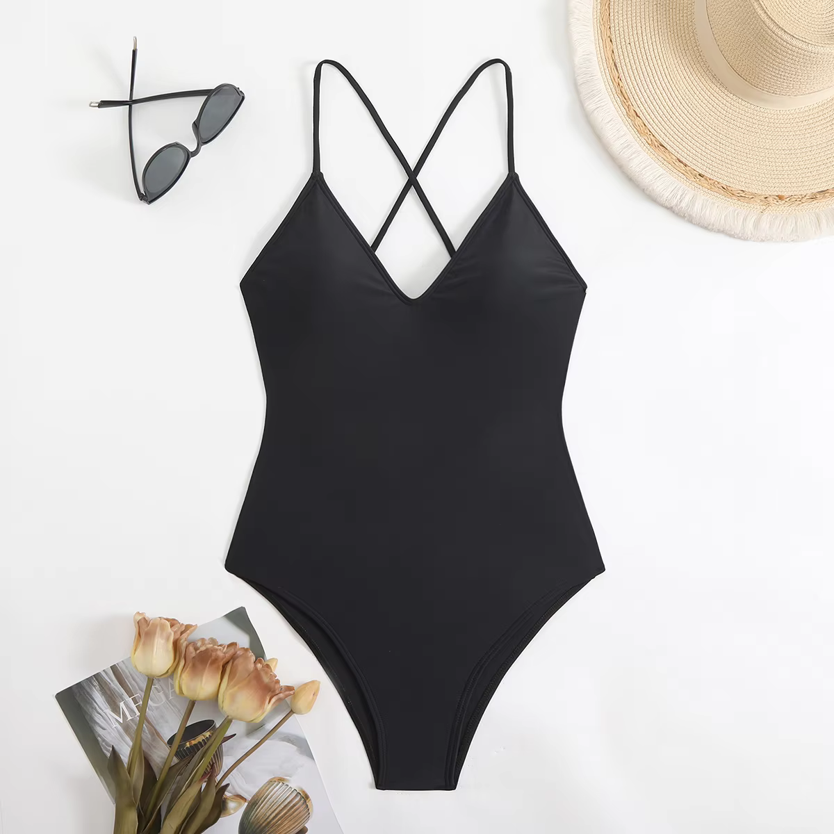Floral & Solid Cross-Back V-Neck One-Piece Swimsuit - thumbnail 2
