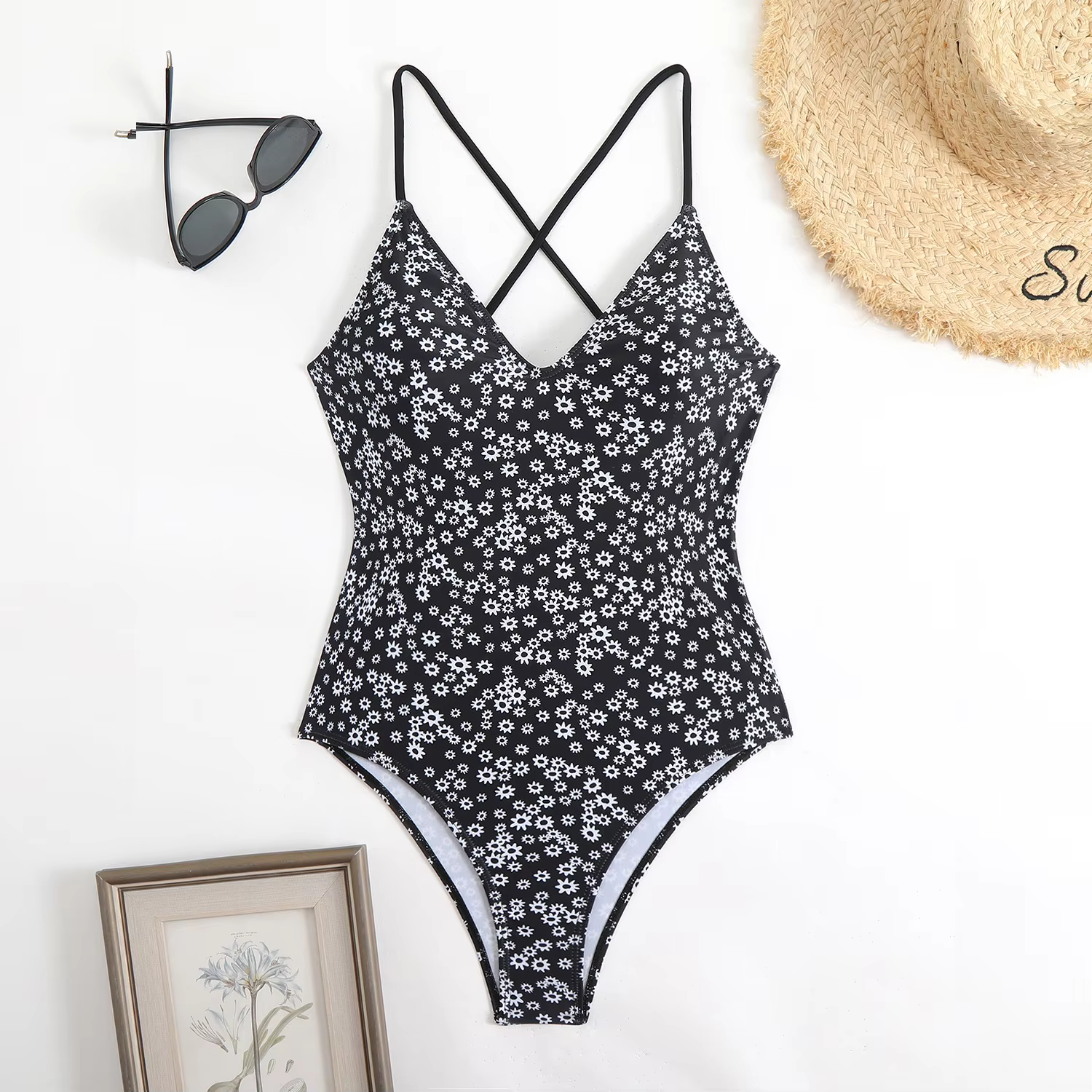 Floral & Solid Cross-Back V-Neck One-Piece Swimsuit - thumbnail 10
