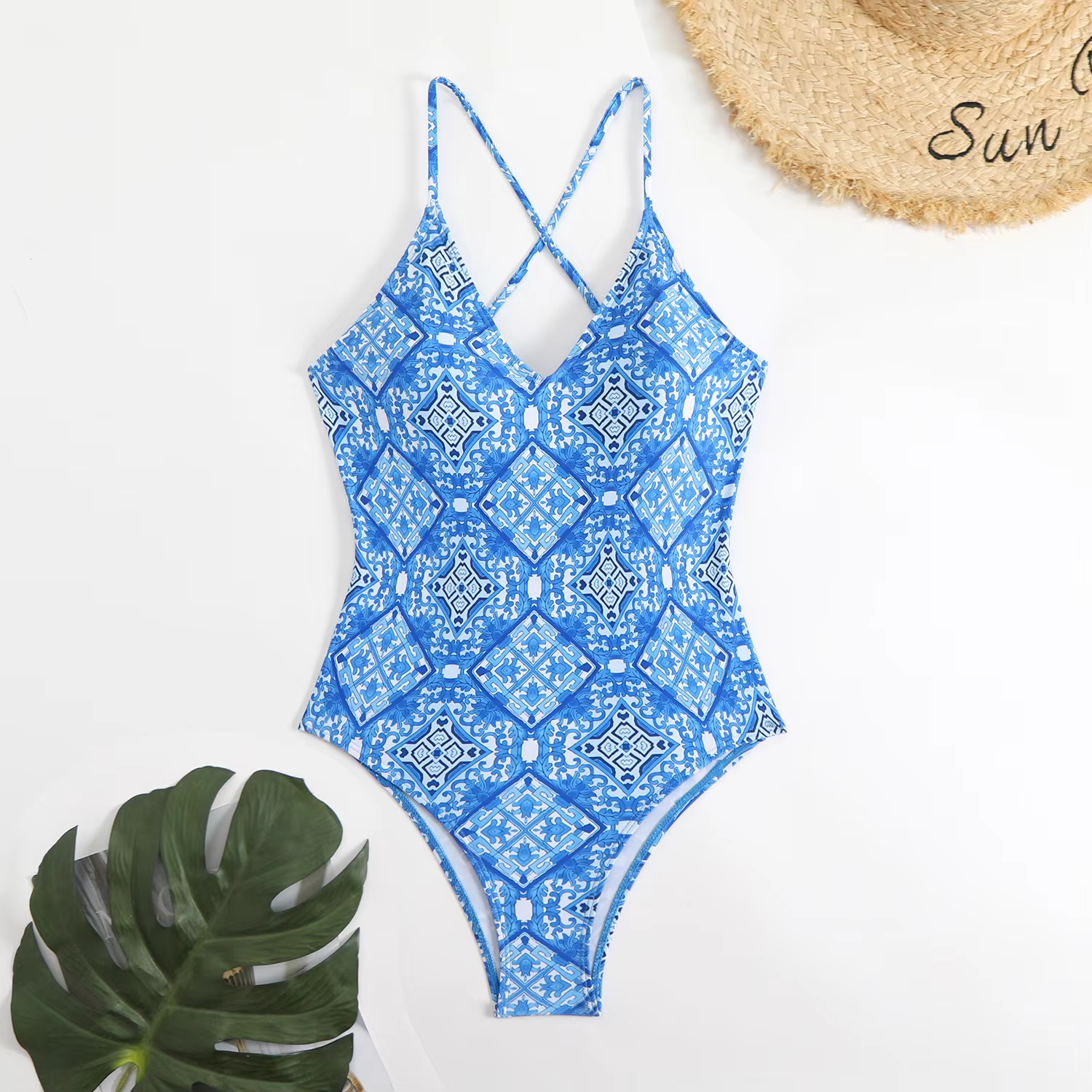 Floral & Solid Cross-Back V-Neck One-Piece Swimsuit - thumbnail 3