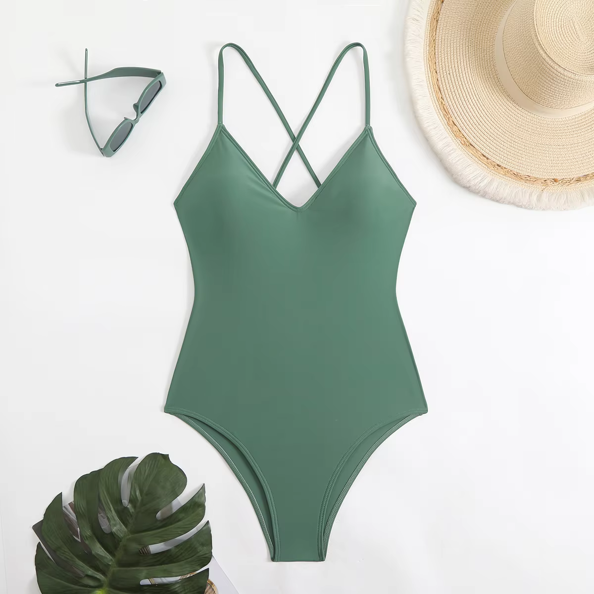 Floral & Solid Cross-Back V-Neck One-Piece Swimsuit - thumbnail 5