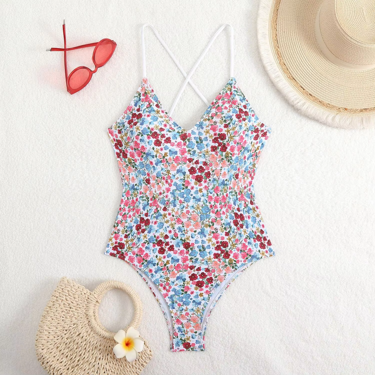 Floral & Solid Cross-Back V-Neck One-Piece Swimsuit - thumbnail 6