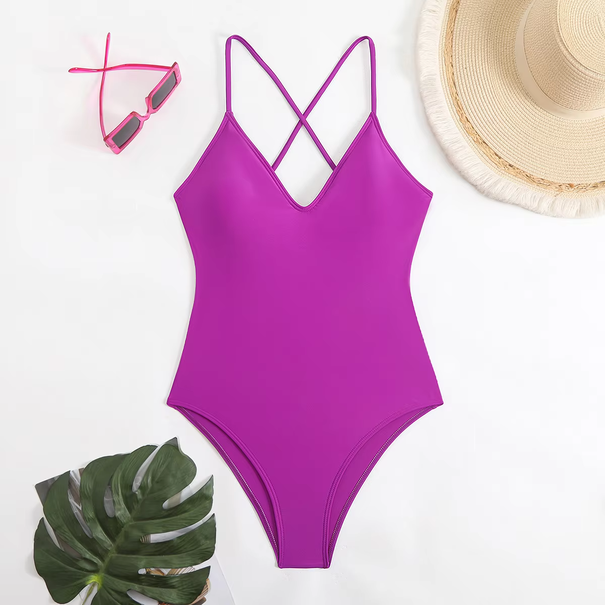 Floral & Solid Cross-Back V-Neck One-Piece Swimsuit - thumbnail 8