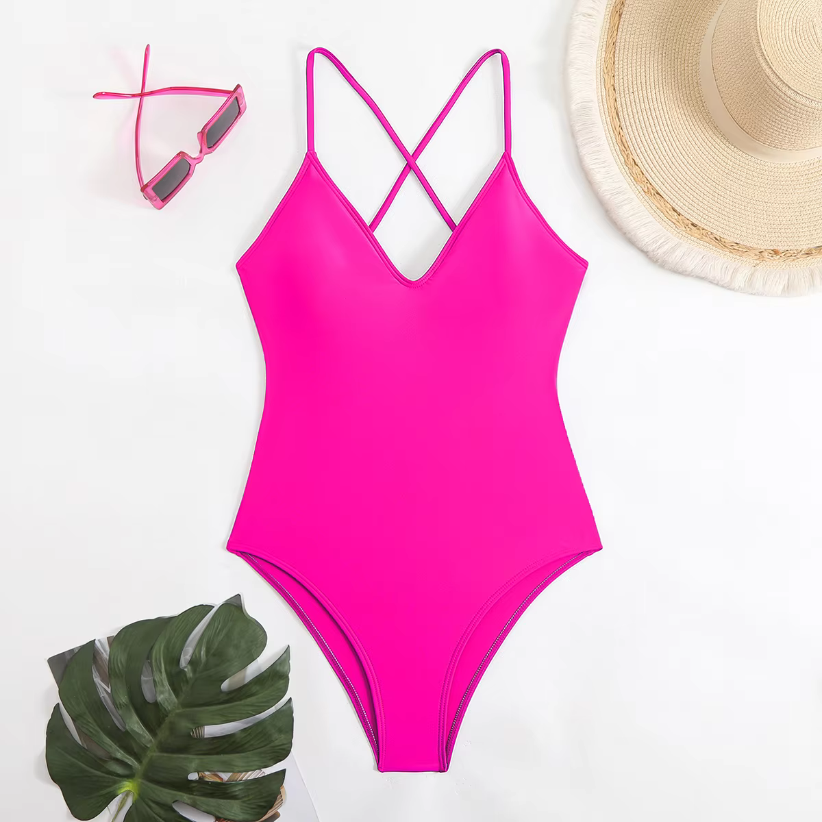 Floral & Solid Cross-Back V-Neck One-Piece Swimsuit - thumbnail 9