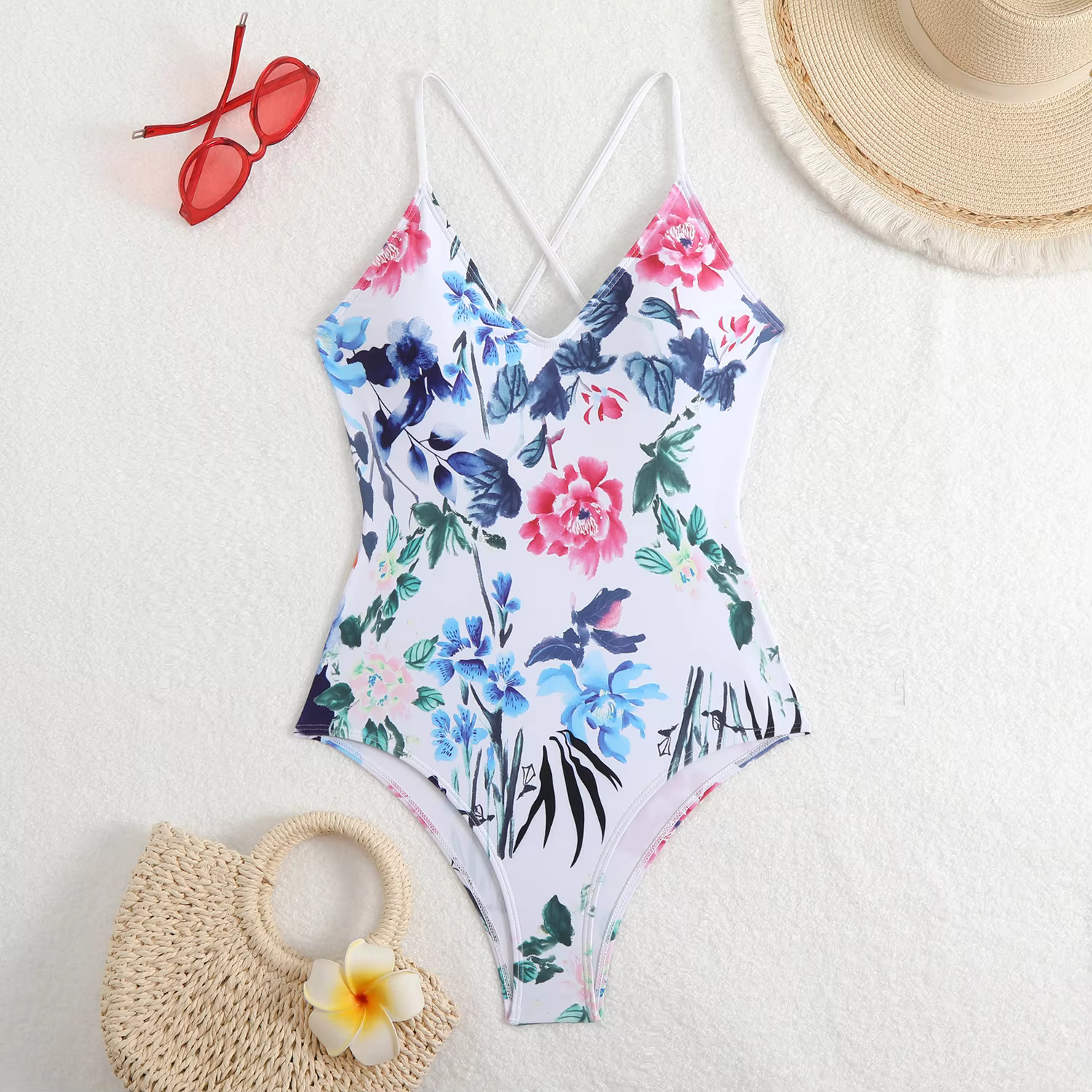 Floral & Solid Cross-Back V-Neck One-Piece Swimsuit - thumbnail 7