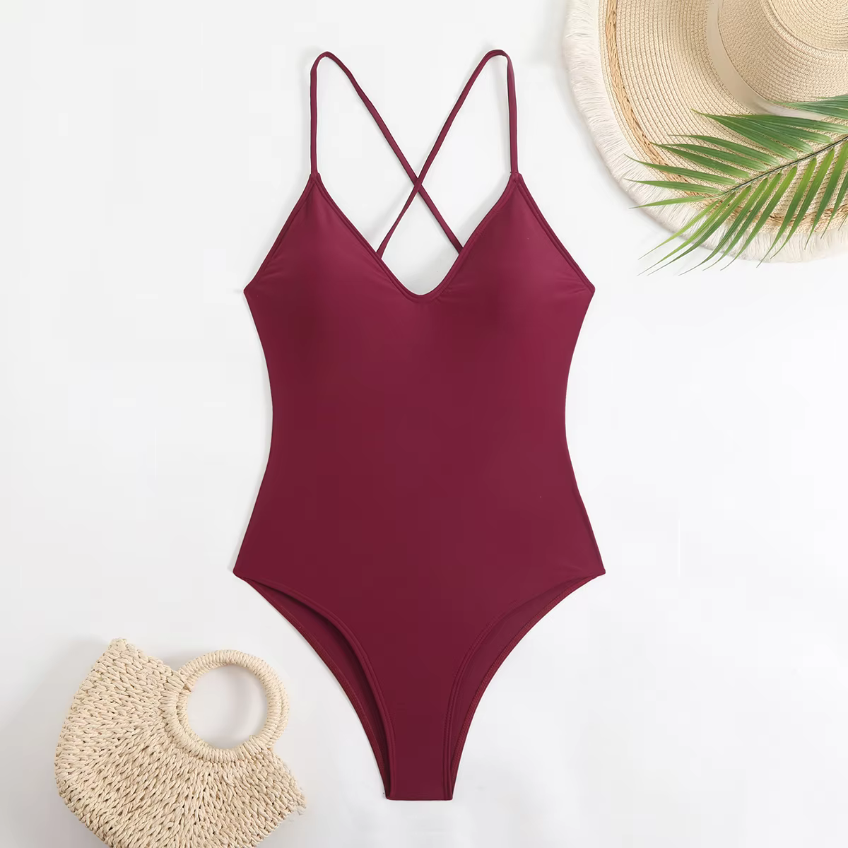 Floral & Solid Cross-Back V-Neck One-Piece Swimsuit - thumbnail 4