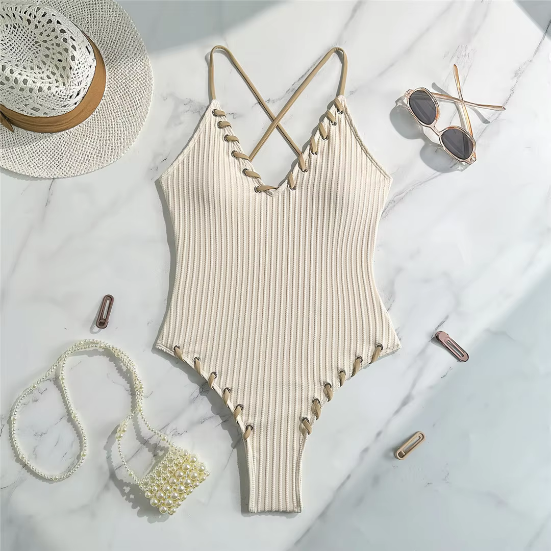 V-Neck Ribbed Cross Back One-Piece Swimsuit High-Leg Cut Monokini - thumbnail 7