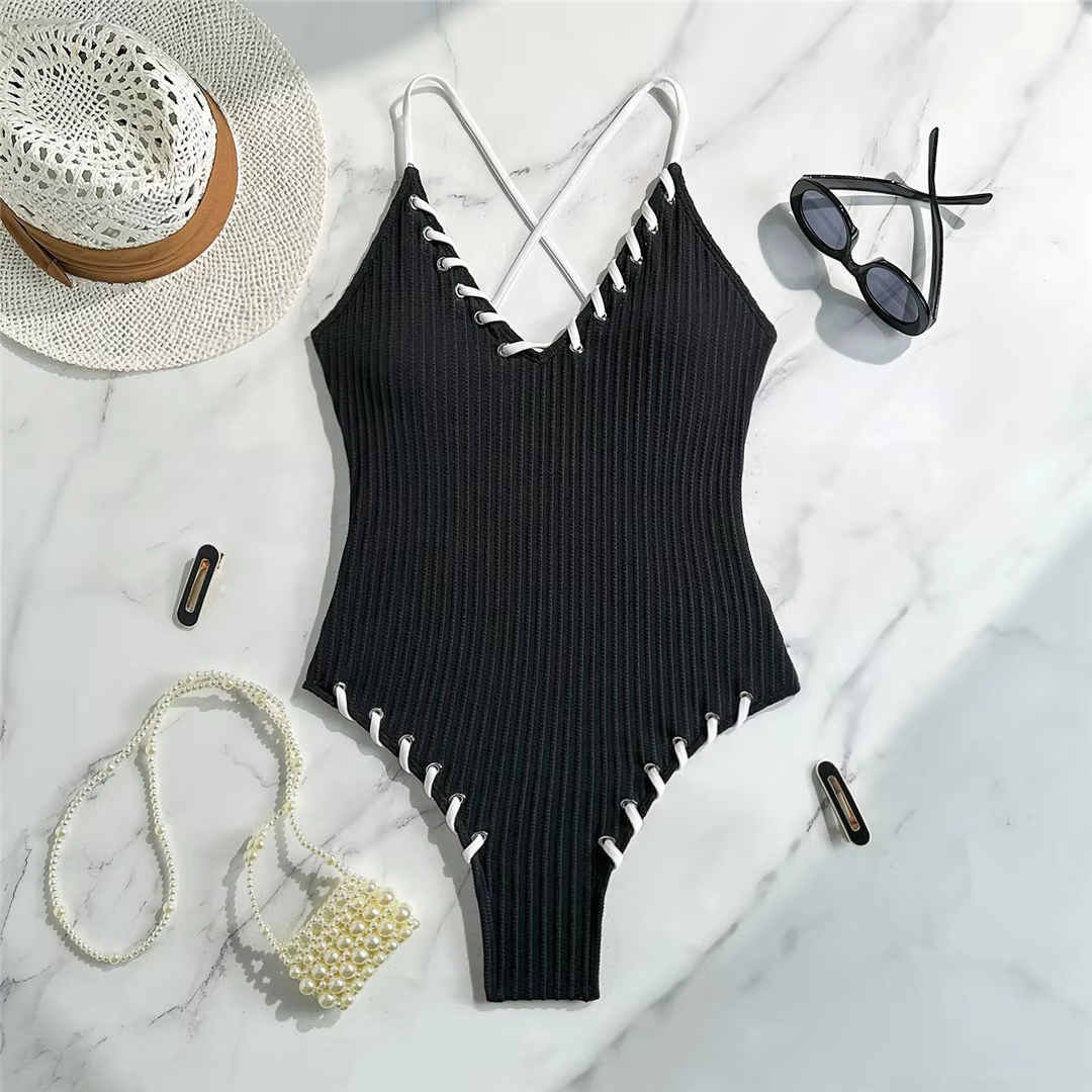 V-Neck Ribbed Cross Back One-Piece Swimsuit High-Leg Cut Monokini - thumbnail 9