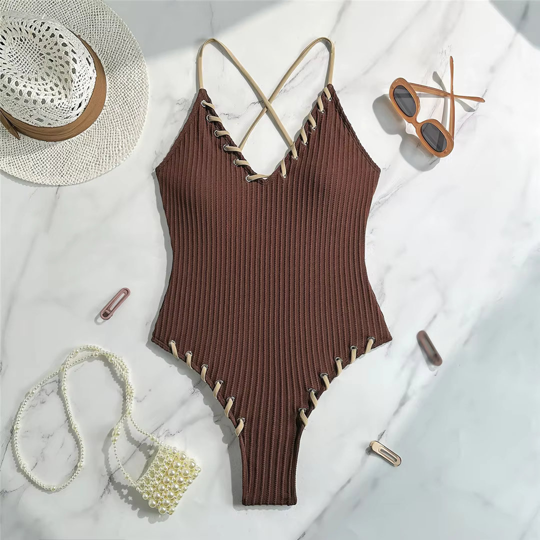 V-Neck Ribbed Cross Back One-Piece Swimsuit High-Leg Cut Monokini - thumbnail 6