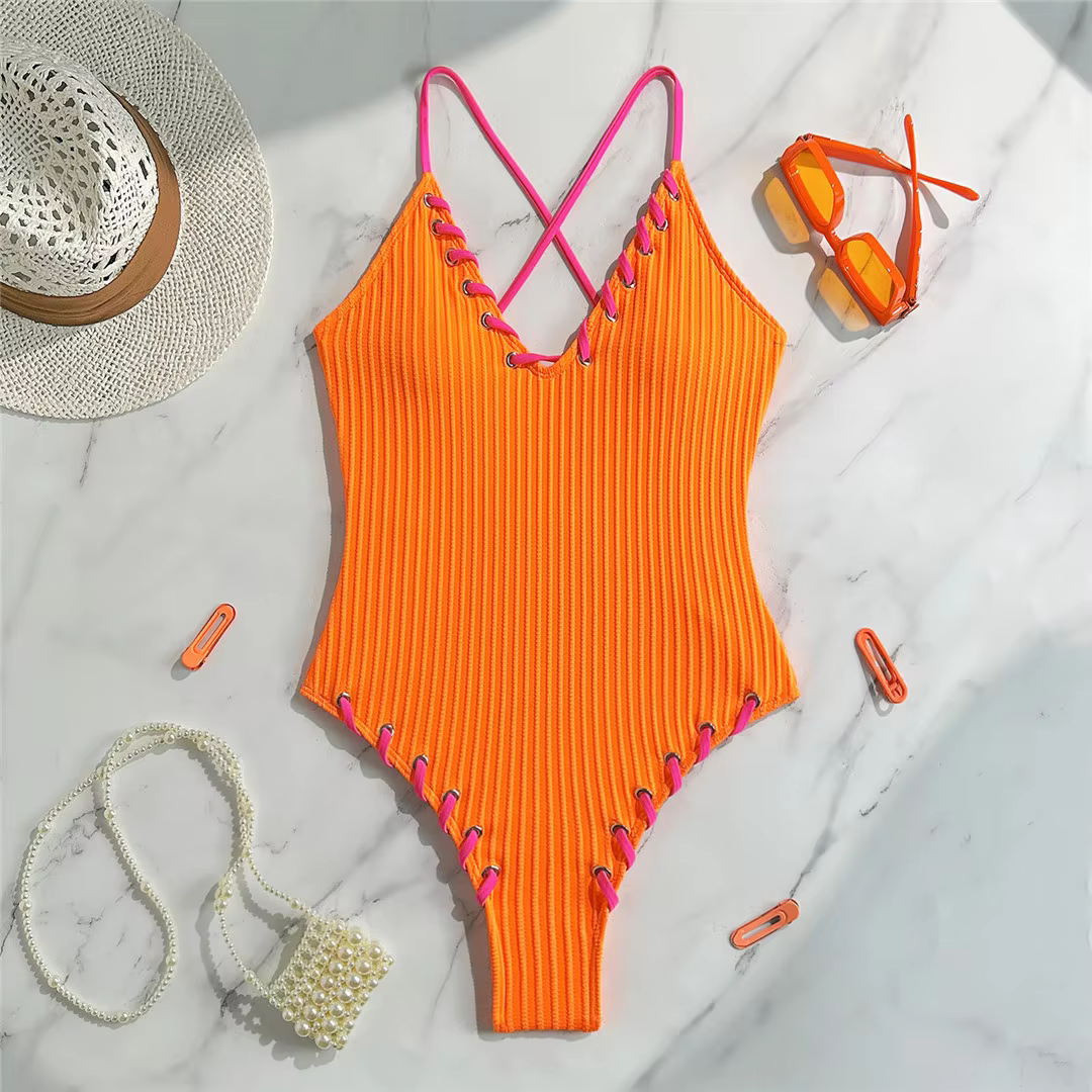 V-Neck Ribbed Cross Back One-Piece Swimsuit High-Leg Cut Monokini - thumbnail 10