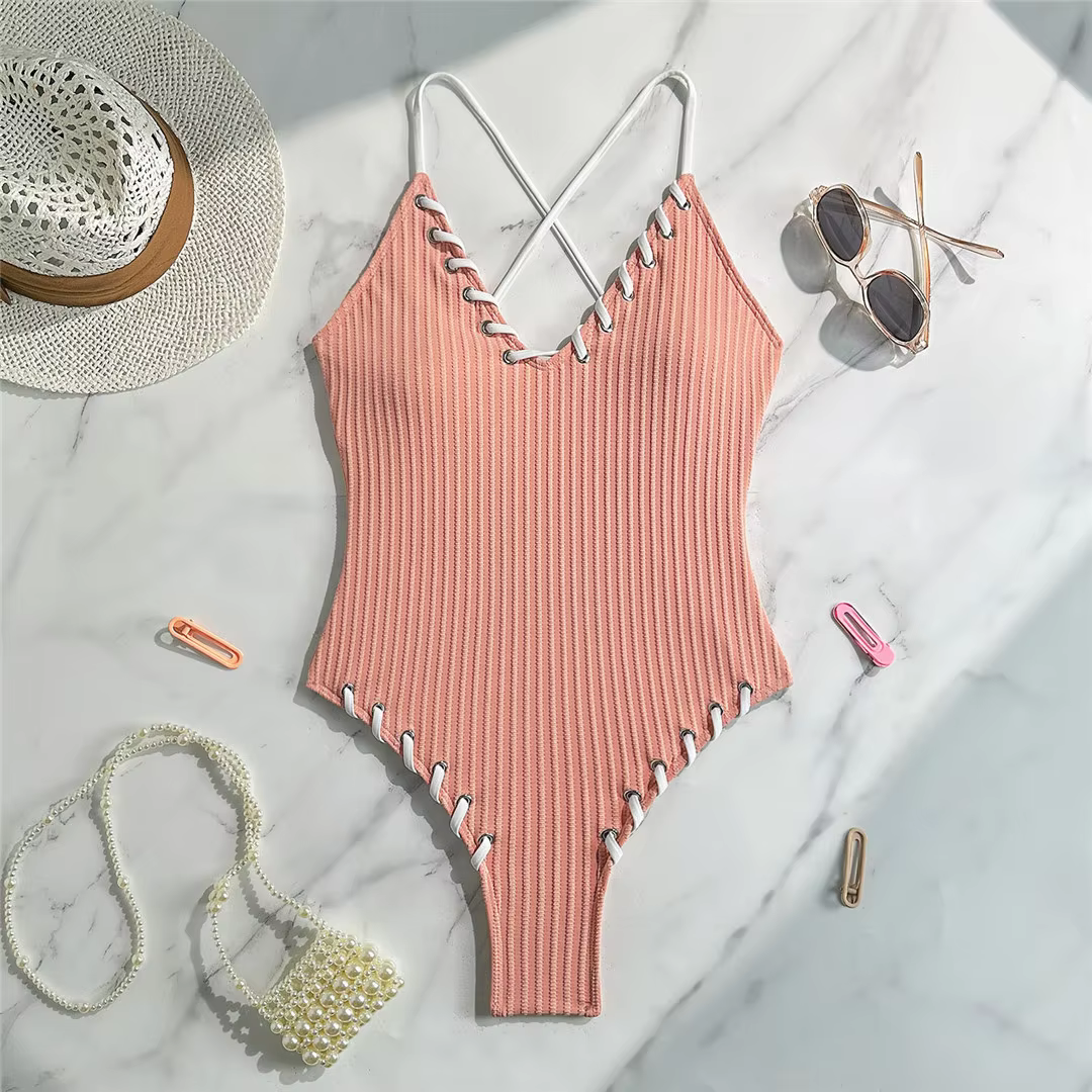 V-Neck Ribbed Cross Back One-Piece Swimsuit High-Leg Cut Monokini - thumbnail 8