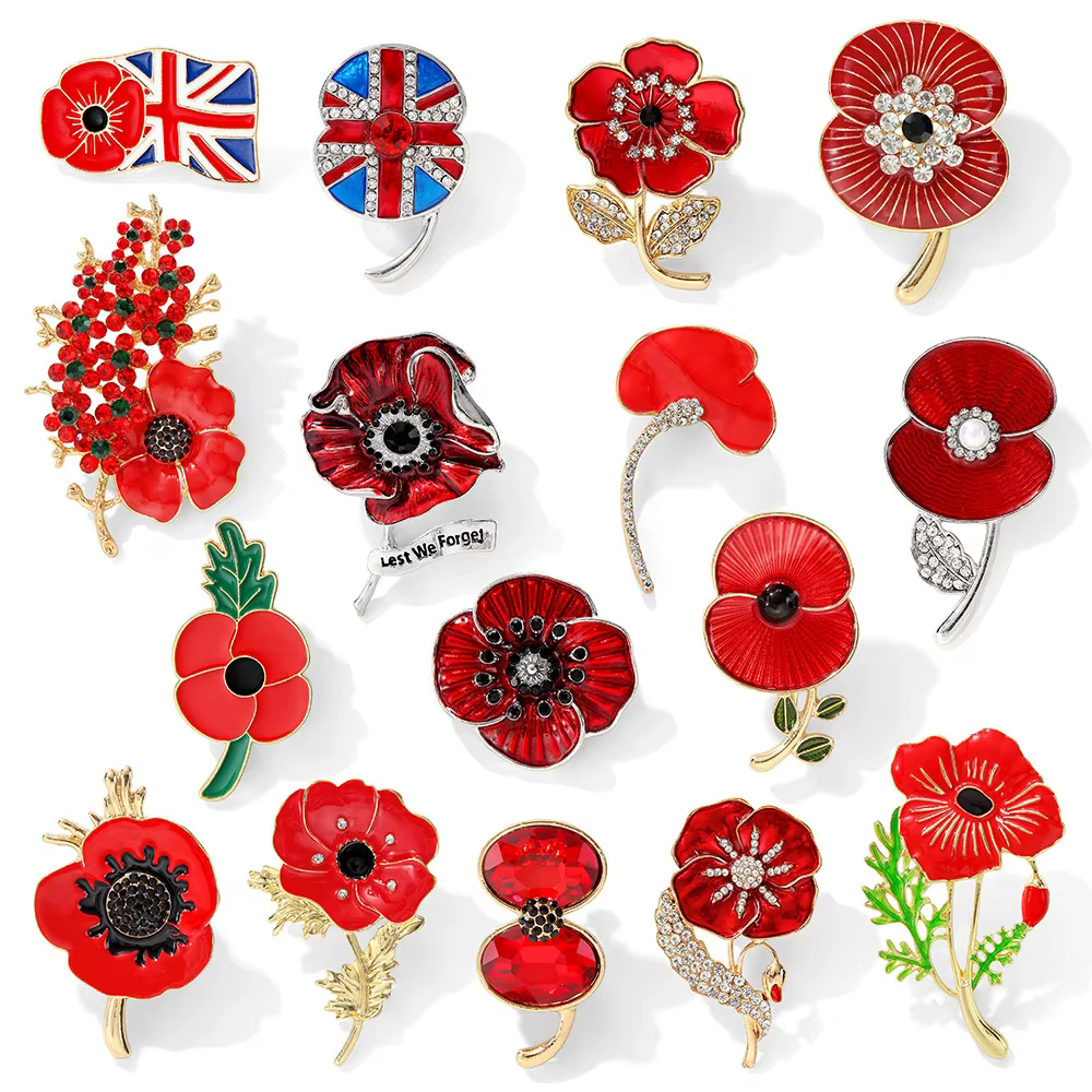 Rhinestone Poppy Flower Brooch Pin - Crystal Enamel Badge