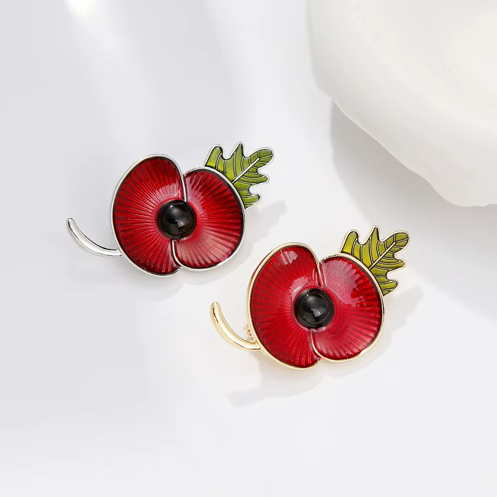 Rhinestone Poppy Flower Brooch Pin - Crystal Enamel Badge - thumbnail 3