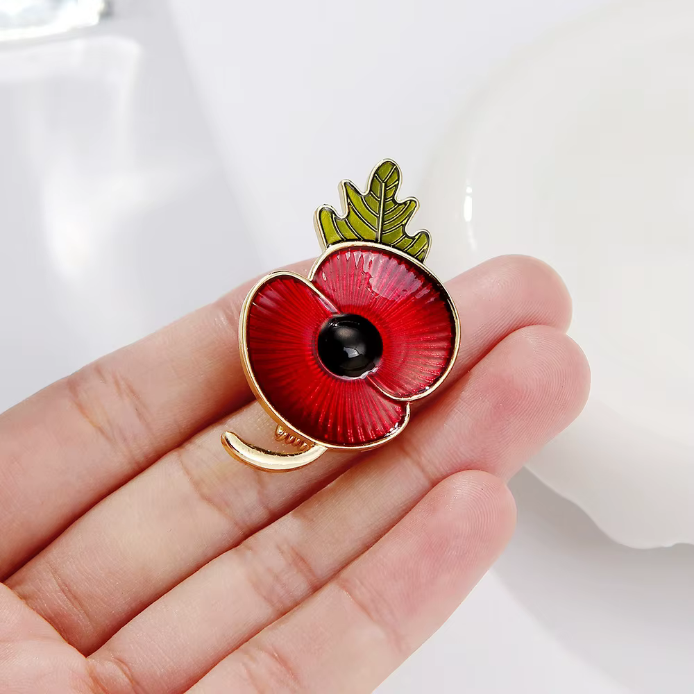 Rhinestone Poppy Flower Brooch Pin - Crystal Enamel Badge - thumbnail 4