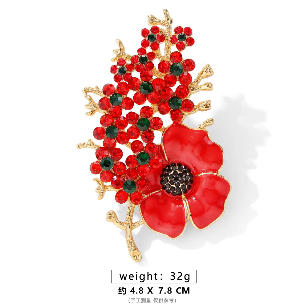 Rhinestone Poppy Flower Brooch Pin - Crystal Enamel Badge - thumbnail 5