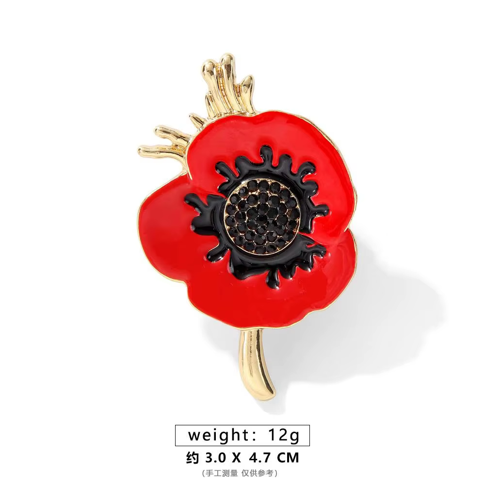 Rhinestone Poppy Flower Brooch Pin - Crystal Enamel Badge - thumbnail 11