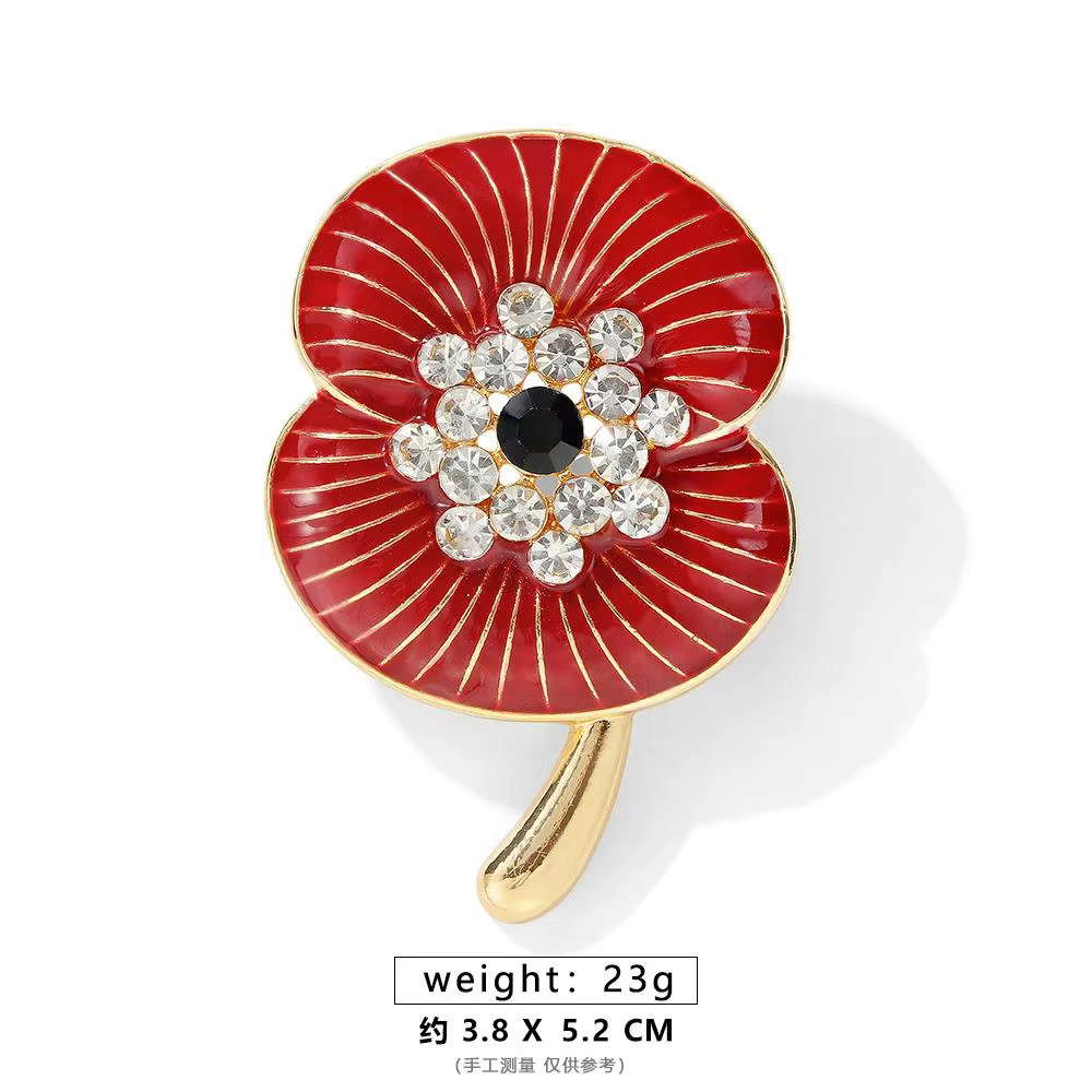 Rhinestone Poppy Flower Brooch Pin - Crystal Enamel Badge - thumbnail 15