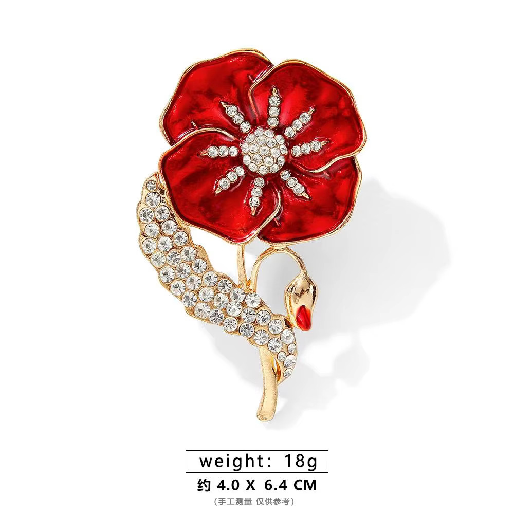 Rhinestone Poppy Flower Brooch Pin - Crystal Enamel Badge - thumbnail 16