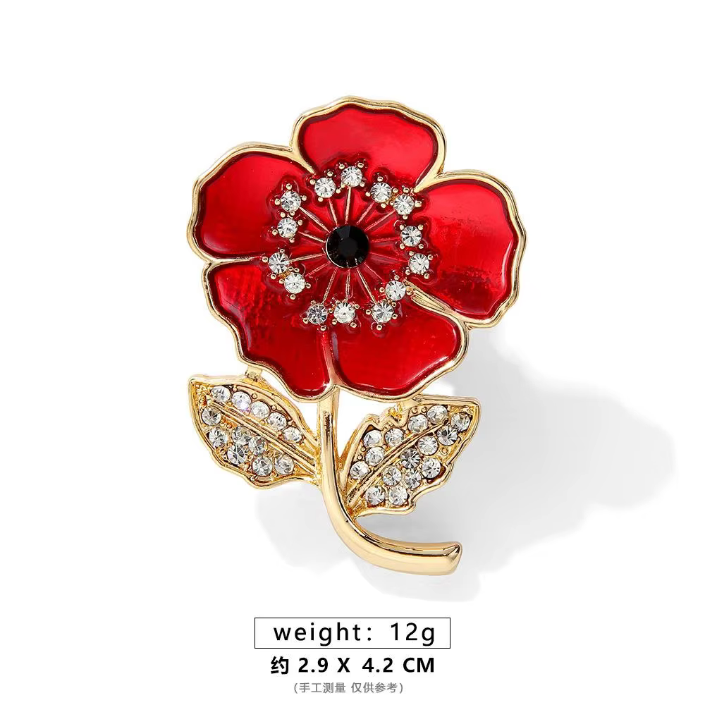 Rhinestone Poppy Flower Brooch Pin - Crystal Enamel Badge - thumbnail 14