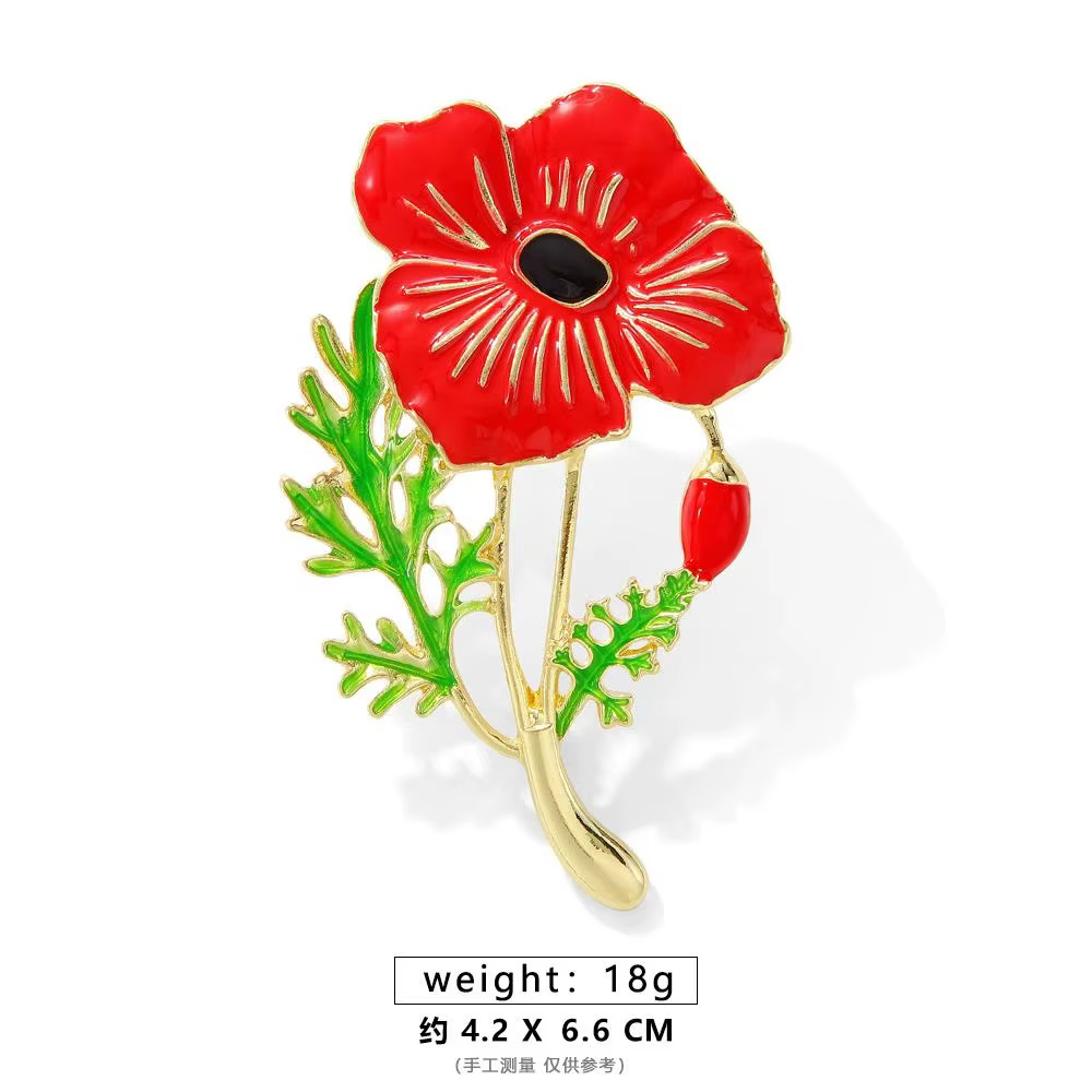 Rhinestone Poppy Flower Brooch Pin - Crystal Enamel Badge - thumbnail 19