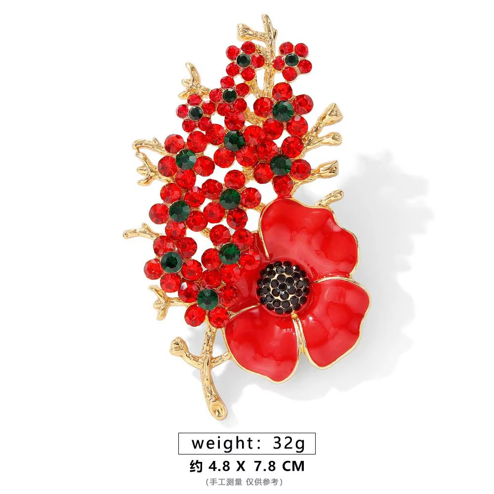 Rhinestone Poppy Flower Brooch Pin - Crystal Enamel Badge - thumbnail 20