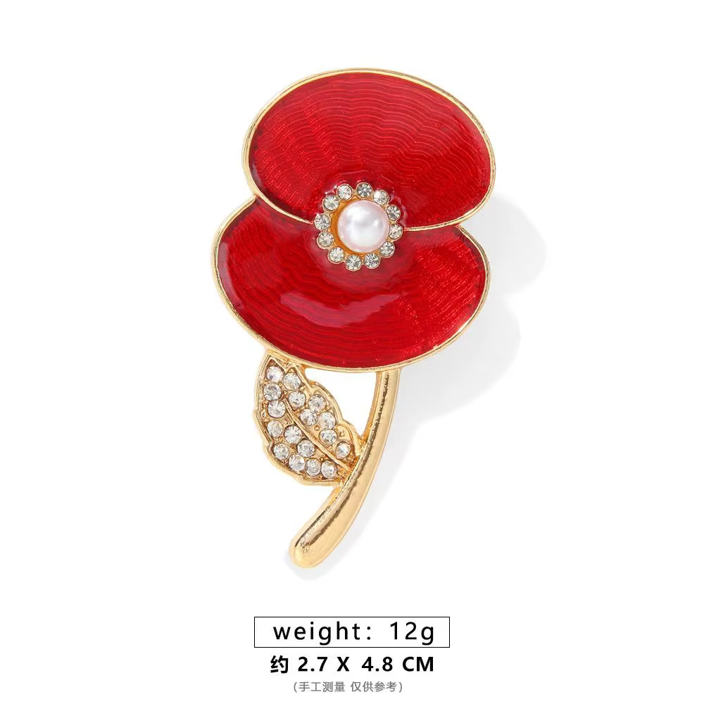 Rhinestone Poppy Flower Brooch Pin - Crystal Enamel Badge - thumbnail 22