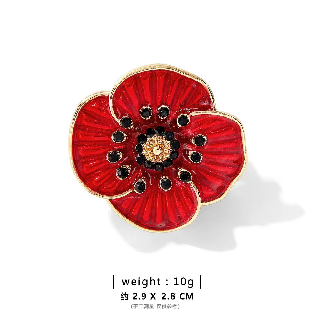 Rhinestone Poppy Flower Brooch Pin - Crystal Enamel Badge - thumbnail 21