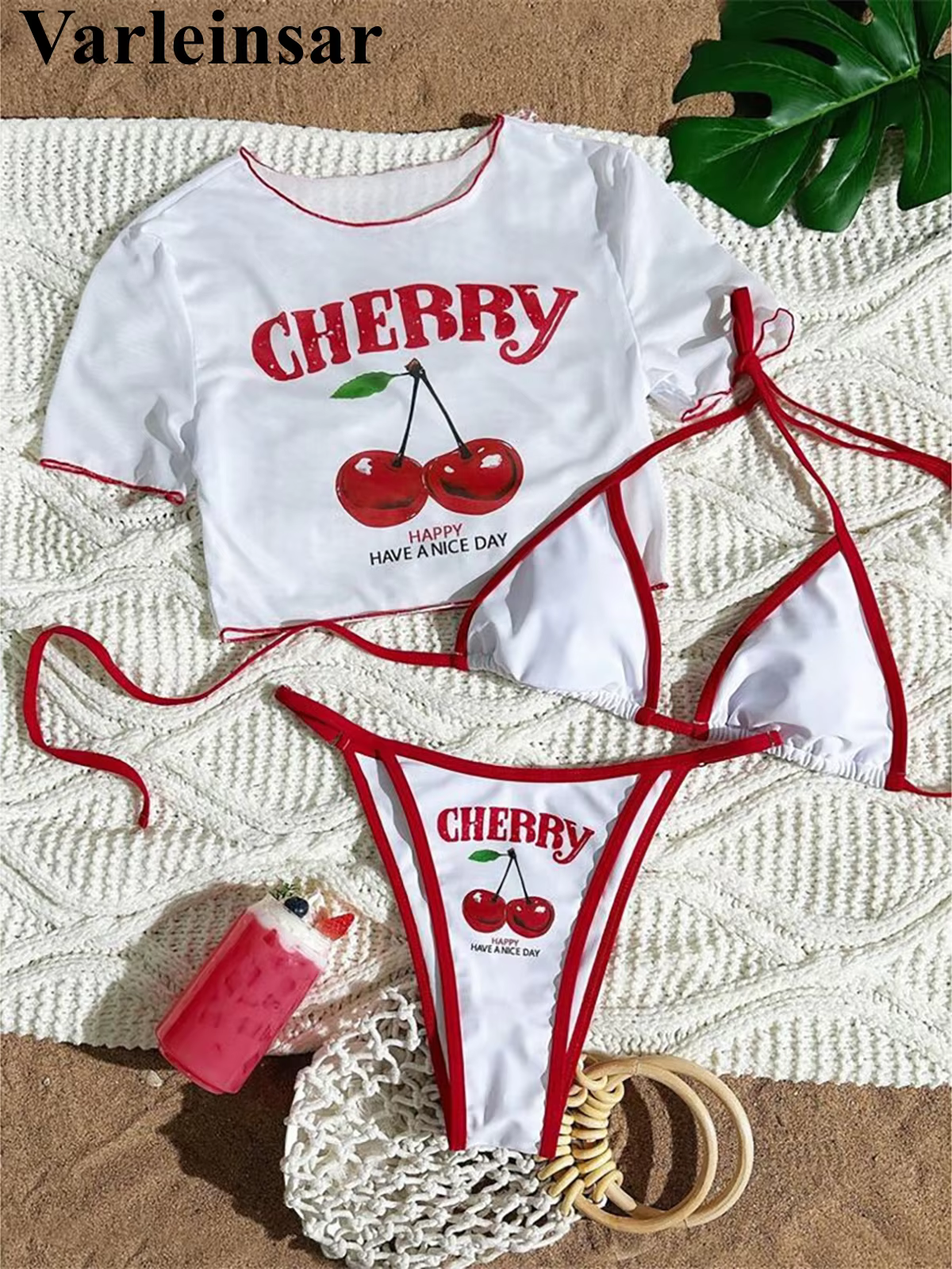 Cherry Printed Short Sleeve 3-Piece Bikini Set