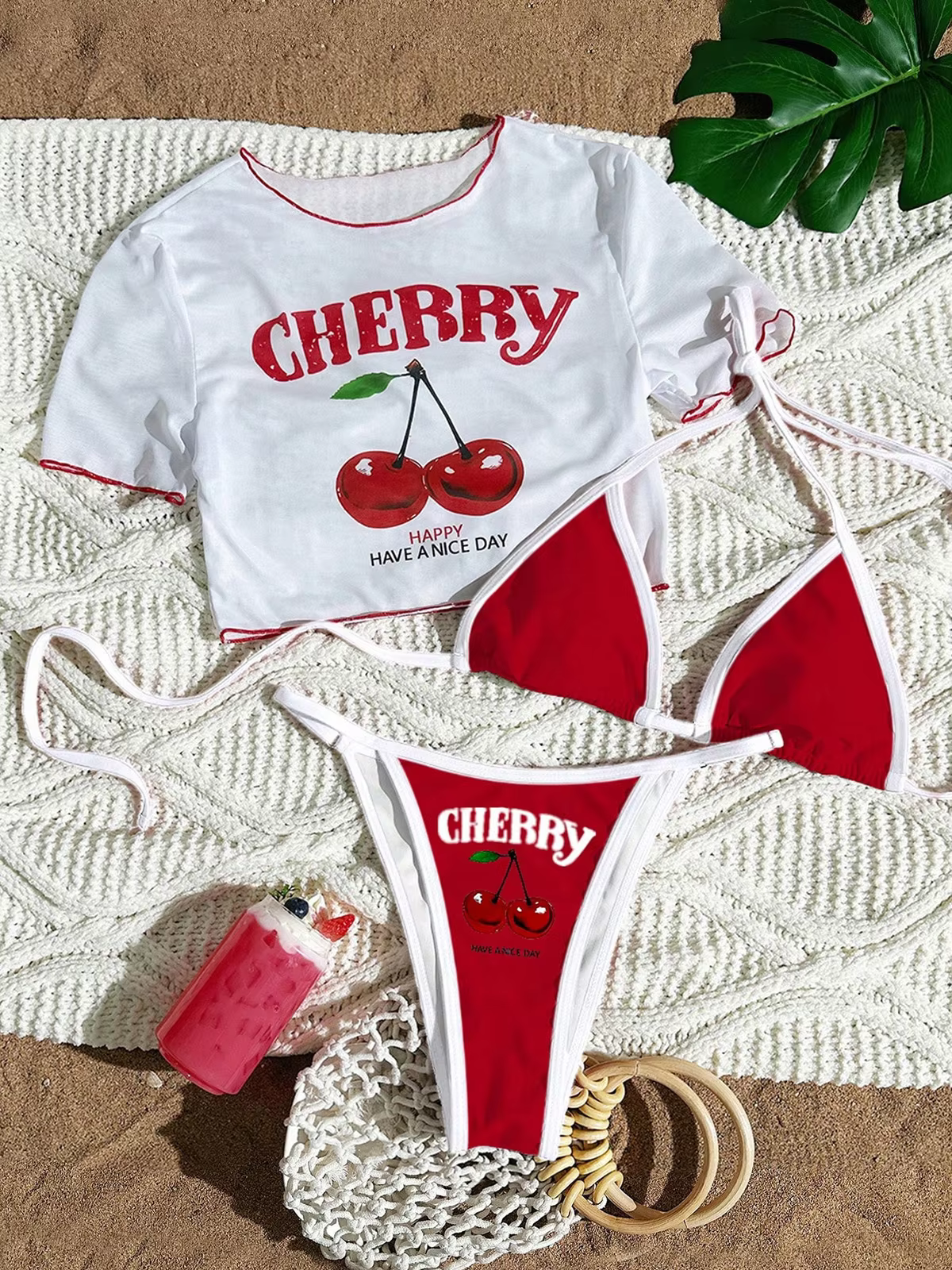 Cherry Printed Short Sleeve 3-Piece Bikini Set - thumbnail 6