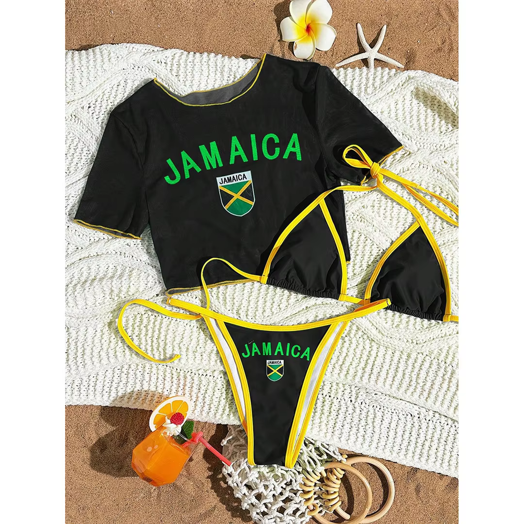 Cherry Printed Short Sleeve 3-Piece Bikini Set - thumbnail 17