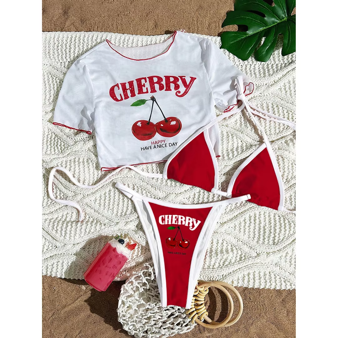 Cherry Printed Short Sleeve 3-Piece Bikini Set - thumbnail 10
