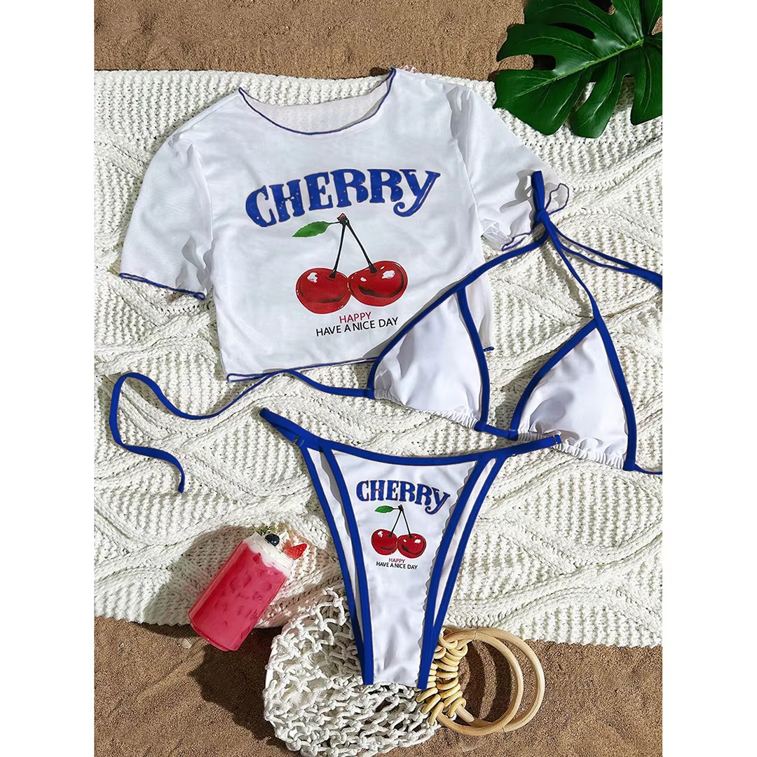 Cherry Printed Short Sleeve 3-Piece Bikini Set - thumbnail 14