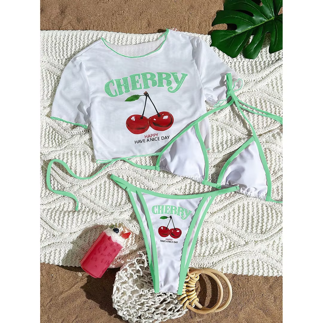 Cherry Printed Short Sleeve 3-Piece Bikini Set - thumbnail 12