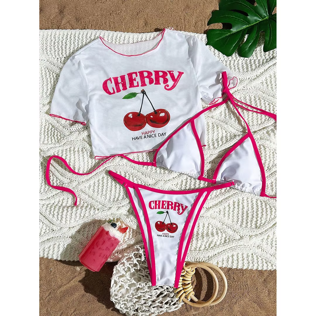 Cherry Printed Short Sleeve 3-Piece Bikini Set - thumbnail 13