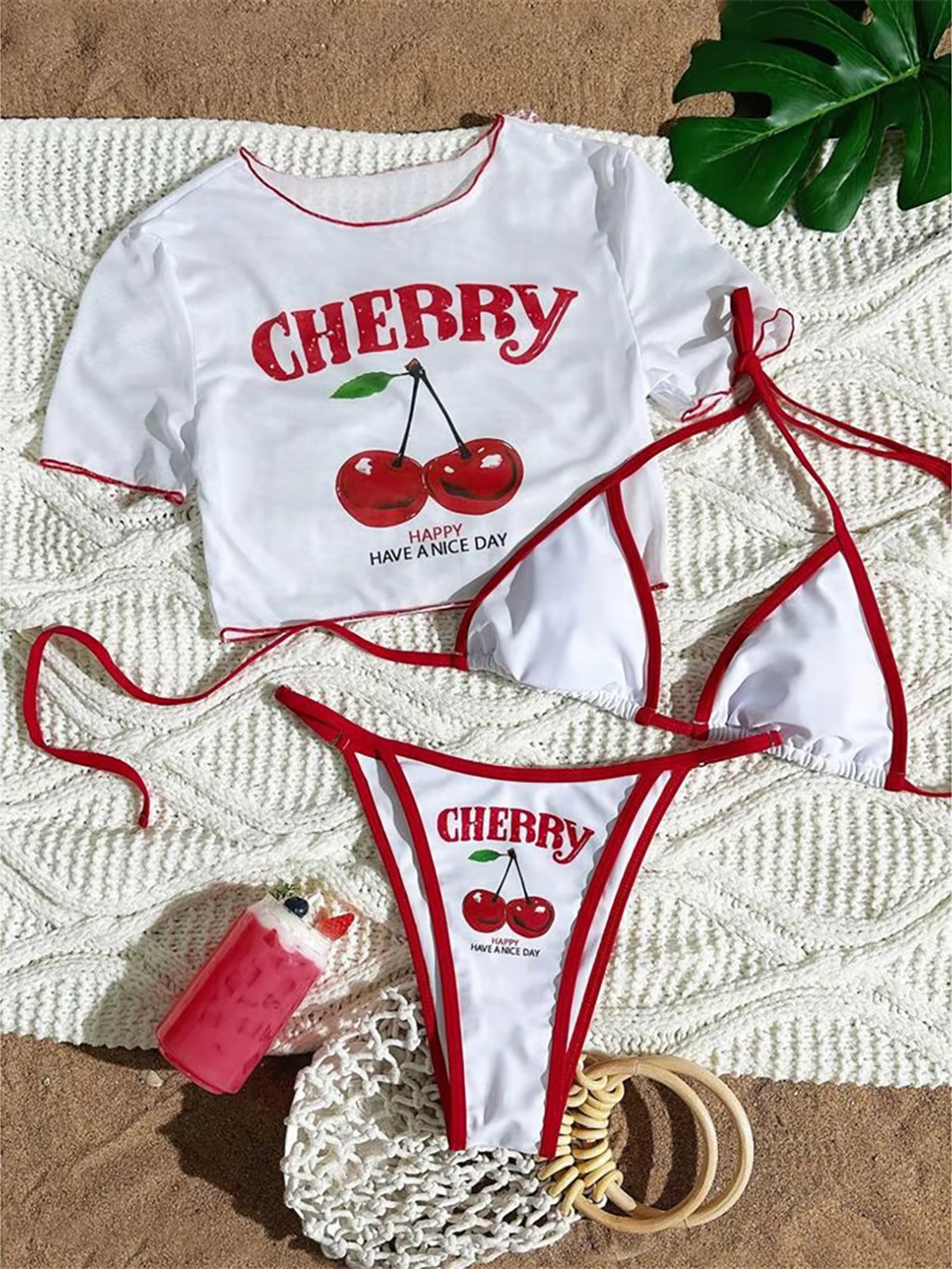 Cherry Printed Short Sleeve 3-Piece Bikini Set - thumbnail 7