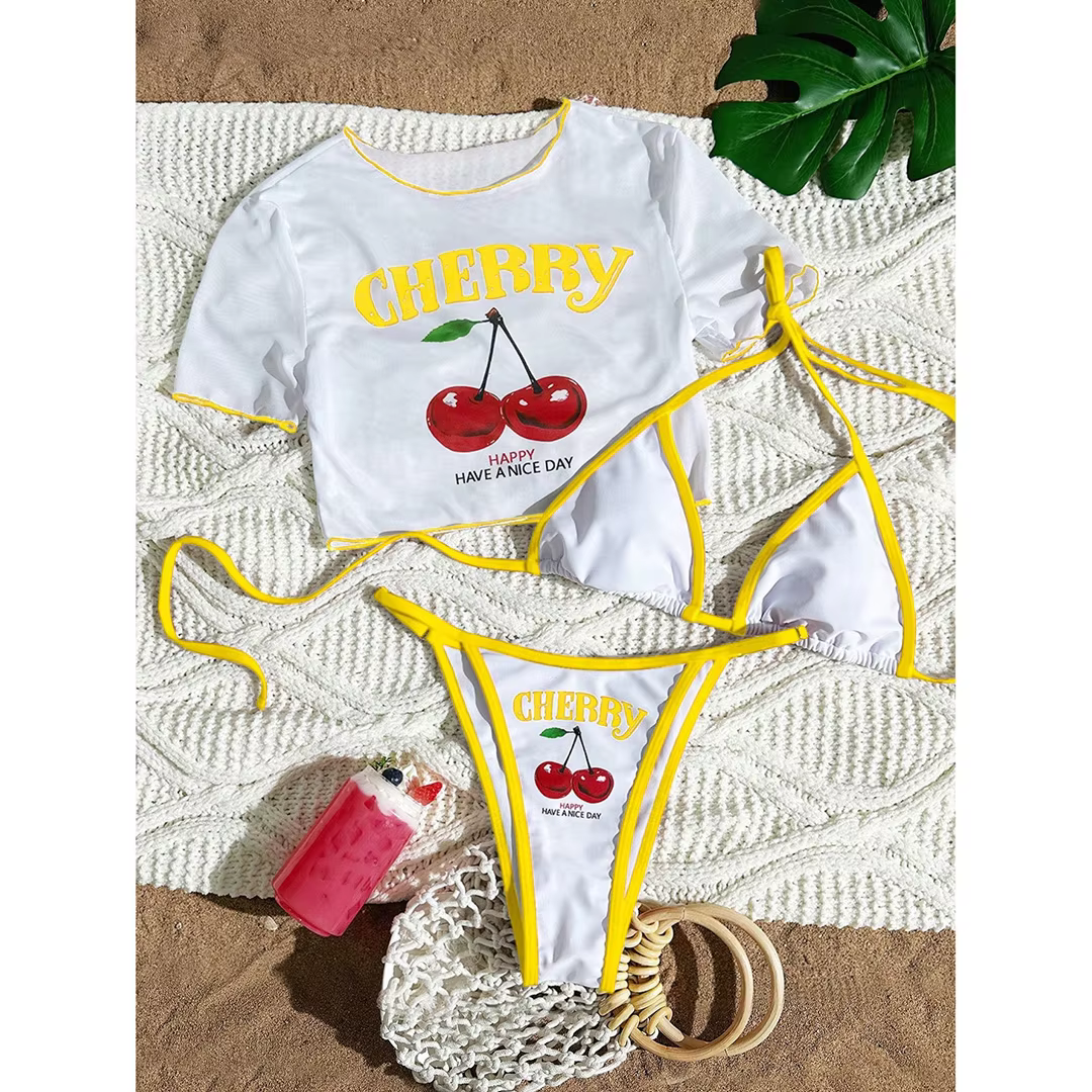 Cherry Printed Short Sleeve 3-Piece Bikini Set - thumbnail 11