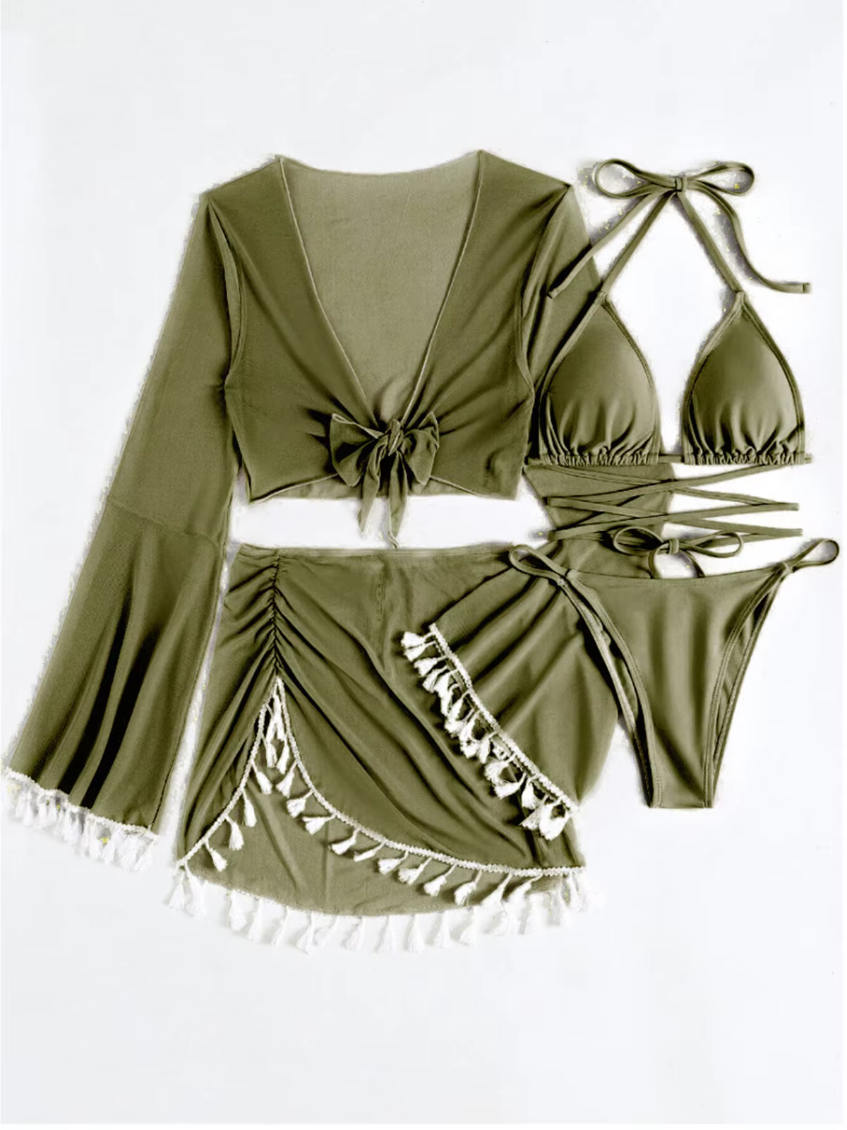 Long Sleeve Cut-Out Bikini Set with Tassel Cover-Up Skirt - 4-Piece Swimsuit - thumbnail 8