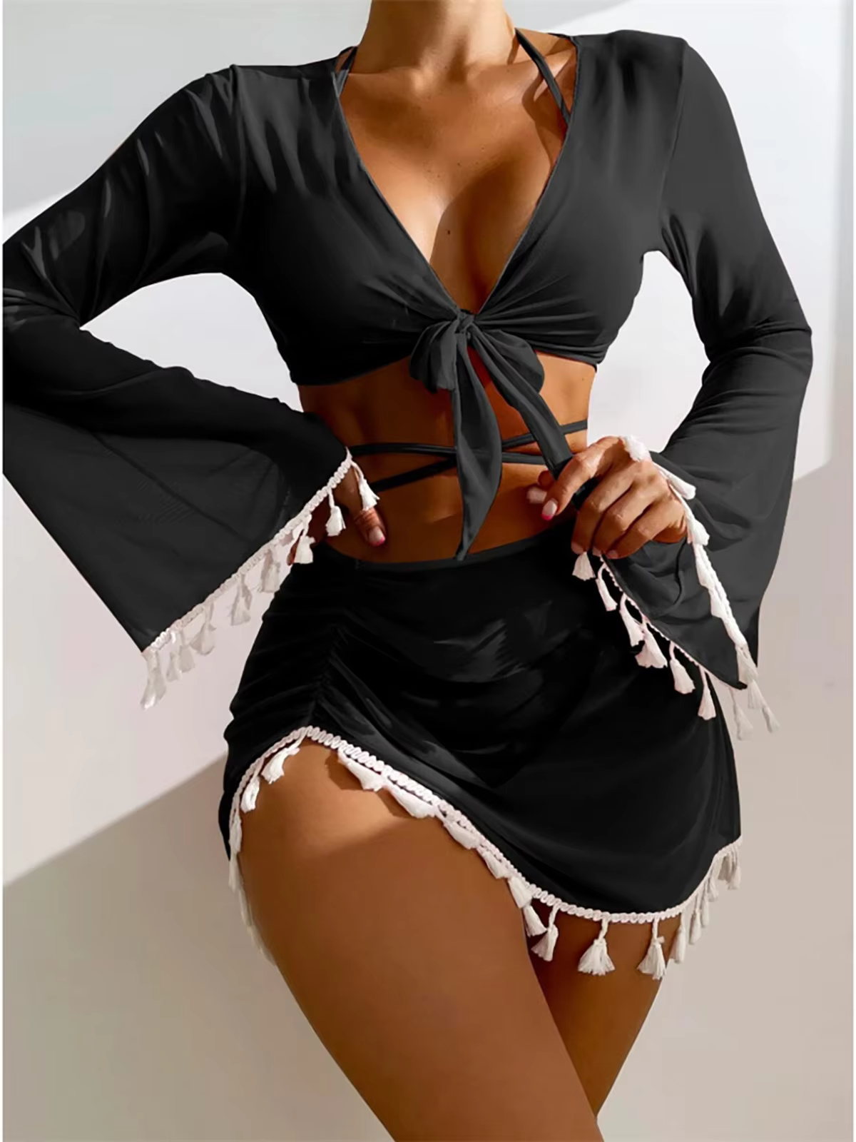 Long Sleeve Cut-Out Bikini Set with Tassel Cover-Up Skirt - 4-Piece Swimsuit - thumbnail 7