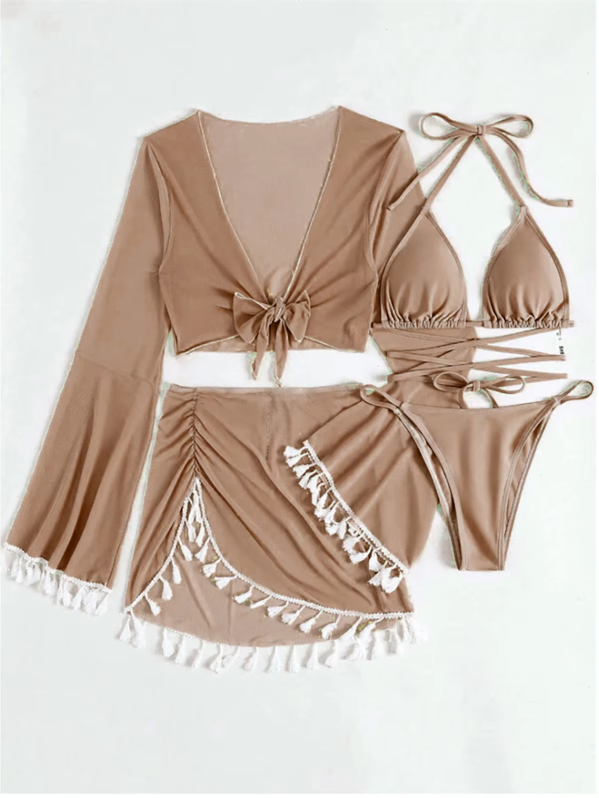 Long Sleeve Cut-Out Bikini Set with Tassel Cover-Up Skirt - 4-Piece Swimsuit - thumbnail 6
