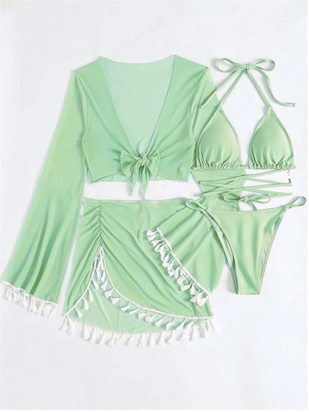Long Sleeve Cut-Out Bikini Set with Tassel Cover-Up Skirt - 4-Piece Swimsuit - thumbnail 11