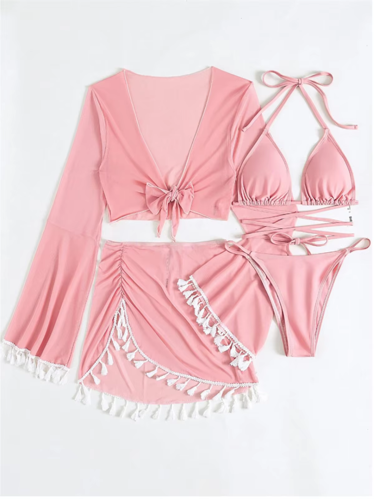 Long Sleeve Cut-Out Bikini Set with Tassel Cover-Up Skirt - 4-Piece Swimsuit - thumbnail 13