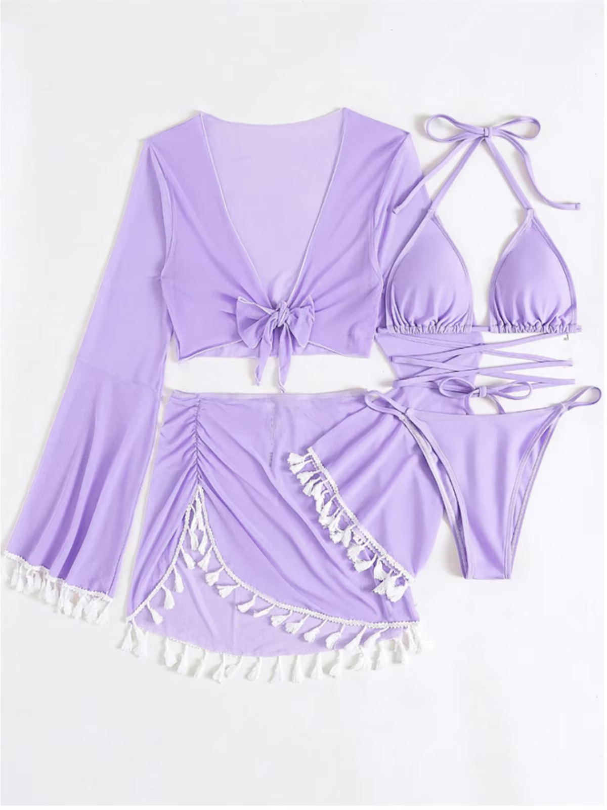 Long Sleeve Cut-Out Bikini Set with Tassel Cover-Up Skirt - 4-Piece Swimsuit - thumbnail 12