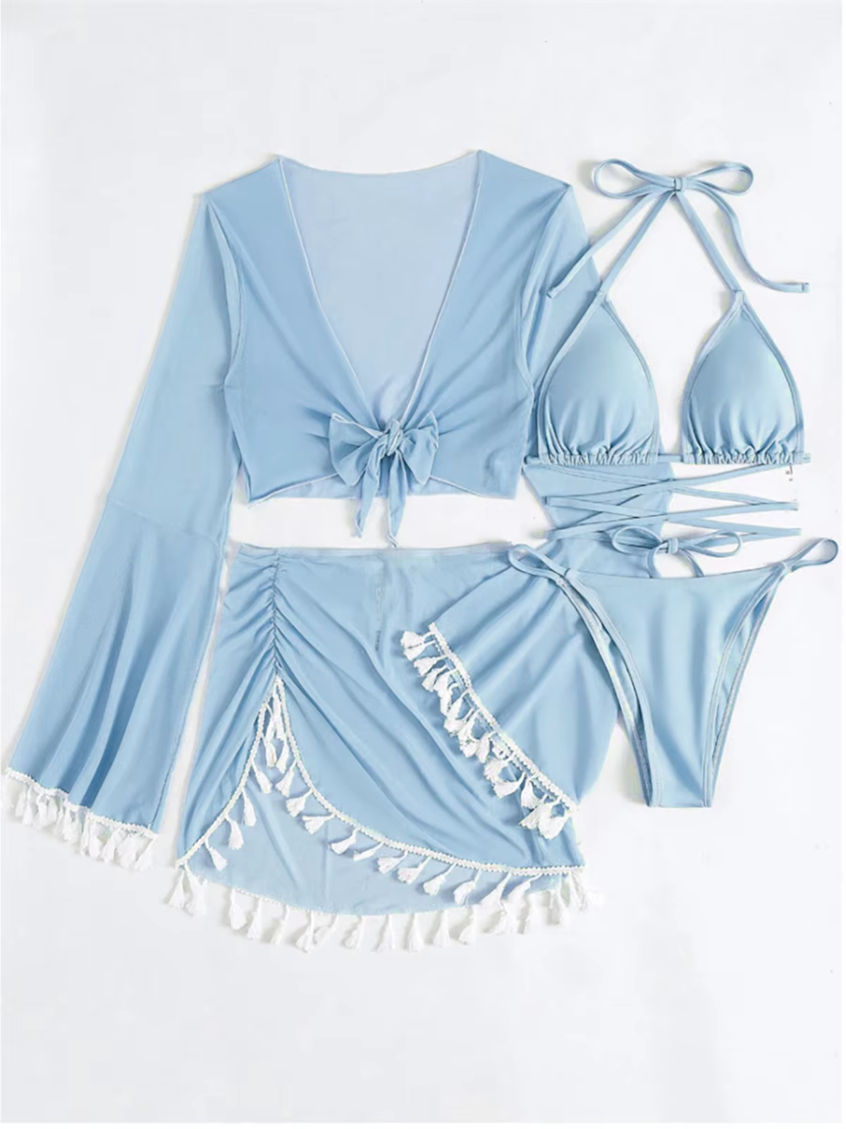 Long Sleeve Cut-Out Bikini Set with Tassel Cover-Up Skirt - 4-Piece Swimsuit - thumbnail 9