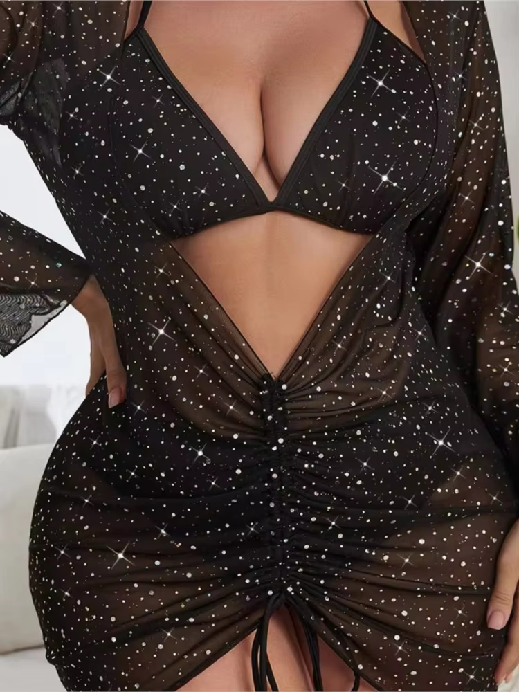 3 Piece Plus Size High Waist Bikini Set with Cover Up - thumbnail 3