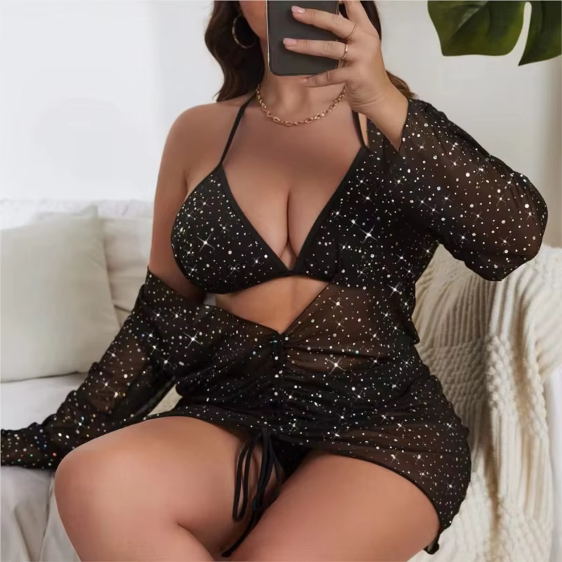3 Piece Plus Size High Waist Bikini Set with Cover Up - thumbnail 7