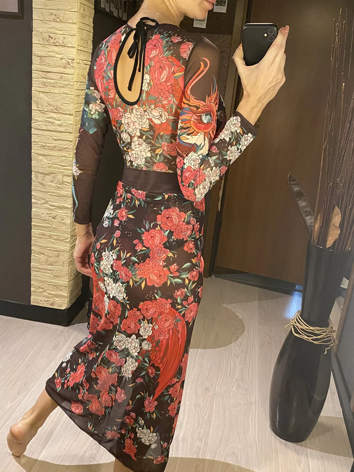 Printed Long Sleeve One-Piece Swimsuit with Matching Sarong - thumbnail 2