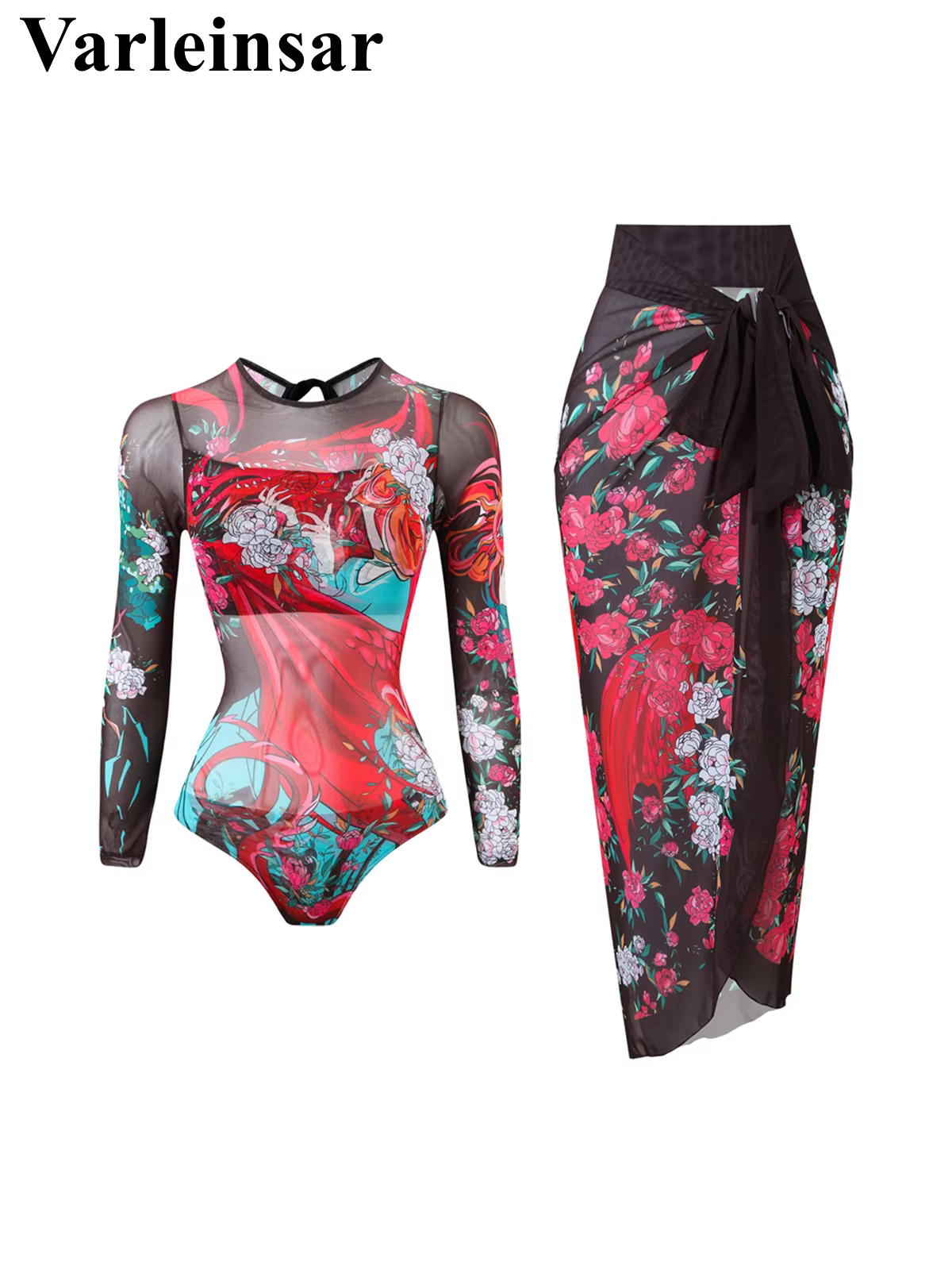 Printed Long Sleeve One-Piece Swimsuit with Matching Sarong - thumbnail 3