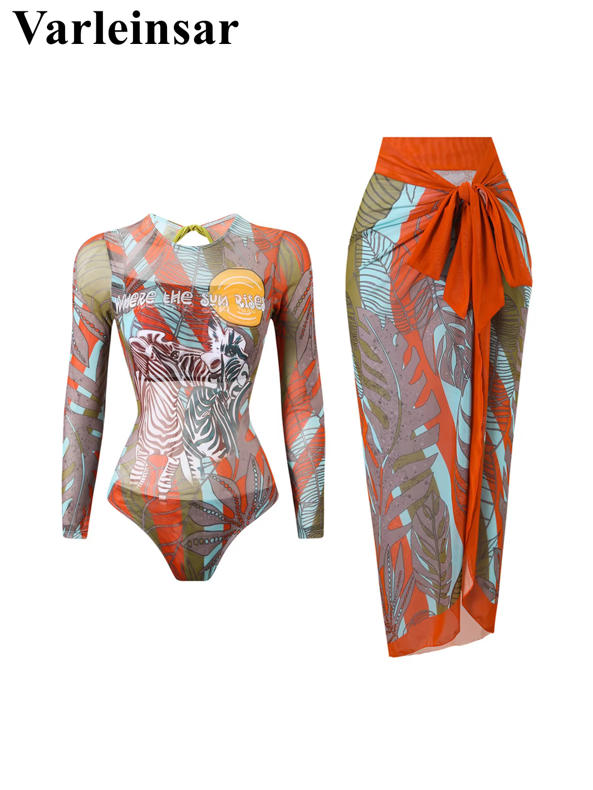 Printed Long Sleeve One-Piece Swimsuit with Matching Sarong - thumbnail 4